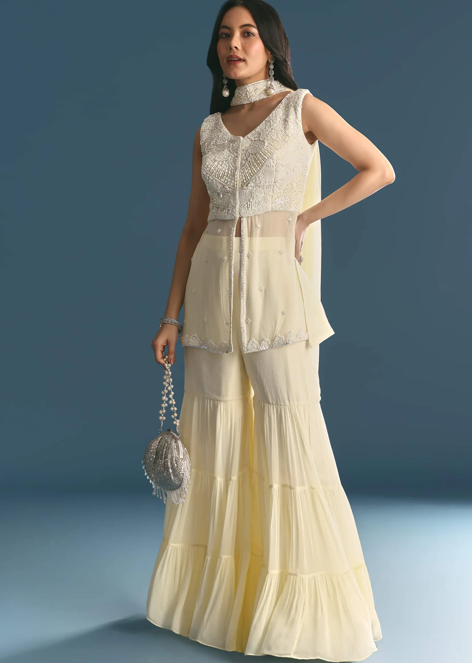 White Georgette Peplum Kurta Sharara Set With Beads And Sequins