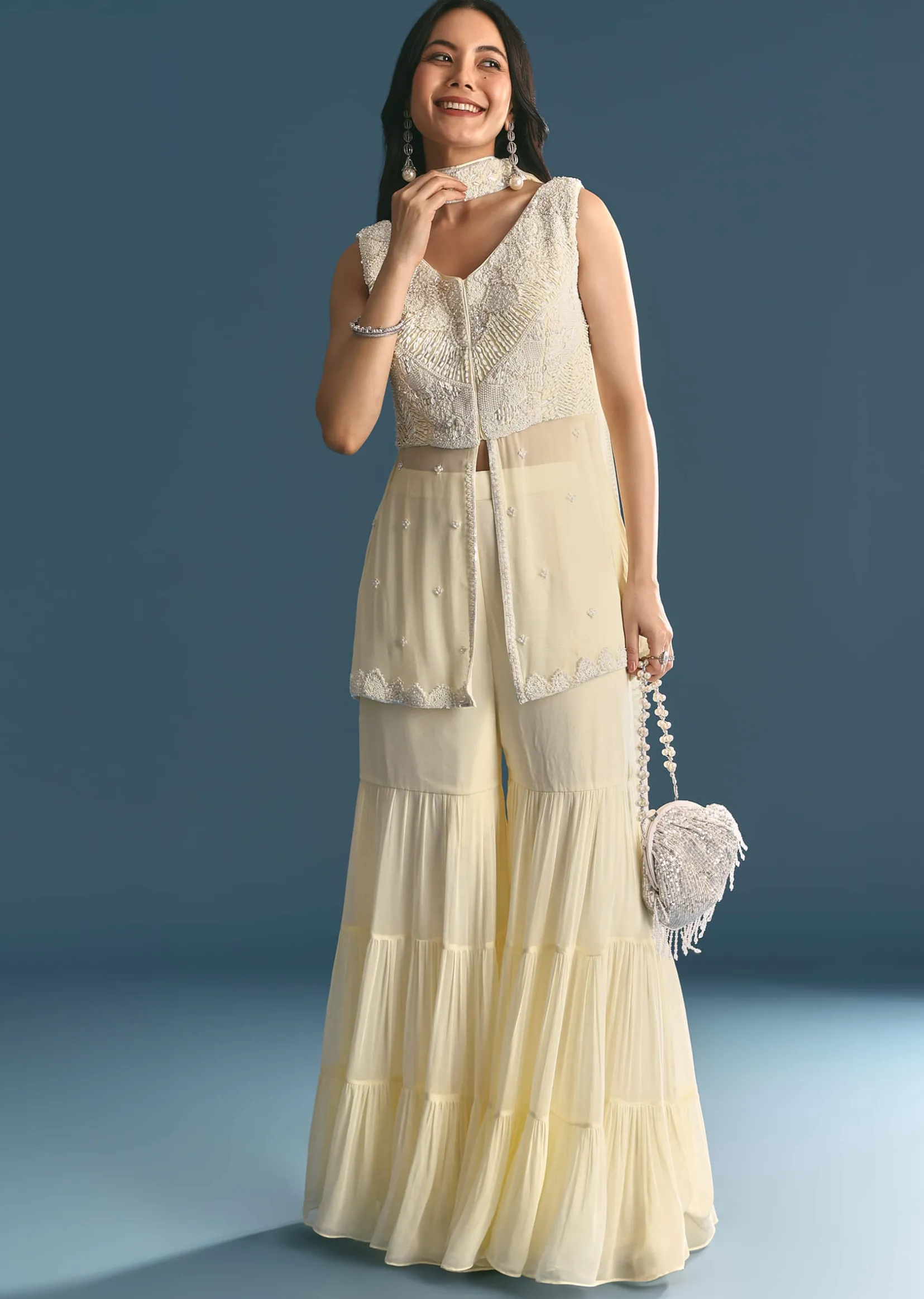 White Georgette Peplum Kurta Sharara Set With Beads And Sequins