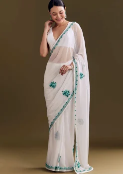 White Georgette Saree With Traditional Kashmiri Buds