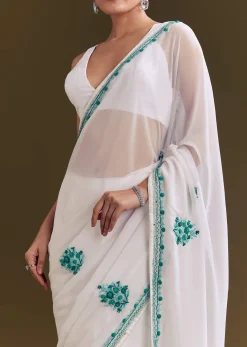 White Georgette Saree With Traditional Kashmiri Buds