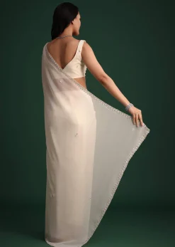 White Georgette Saree With Cutdana Embroidered Saree