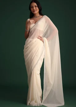 White Georgette Saree With Cutdana Embroidered Saree