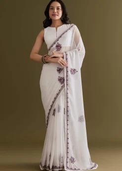 White Georgette Saree With Kashmiri Bud Embroidery