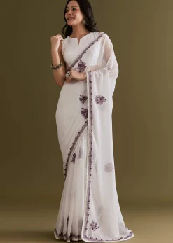 White Georgette Saree With Kashmiri Bud Embroidery