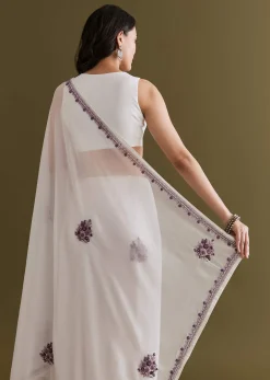 White Georgette Saree With Kashmiri Bud Embroidery