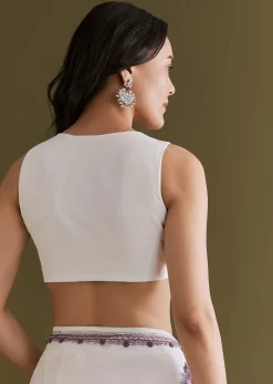 White Georgette Saree With Kashmiri Bud Embroidery