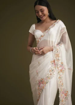 White Glass Tissue Saree With Floral Embroidery