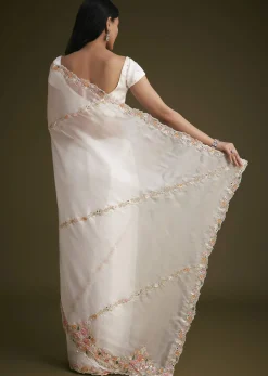 White Glass Tissue Saree With Floral Embroidery