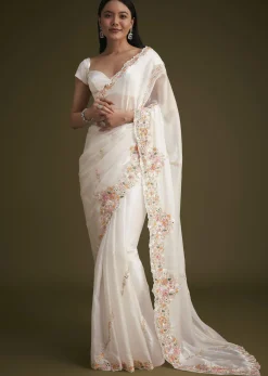 White Glass Tissue Saree With Floral Embroidery
