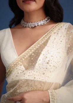White Glass Tissue Saree With Sequin Embellishments