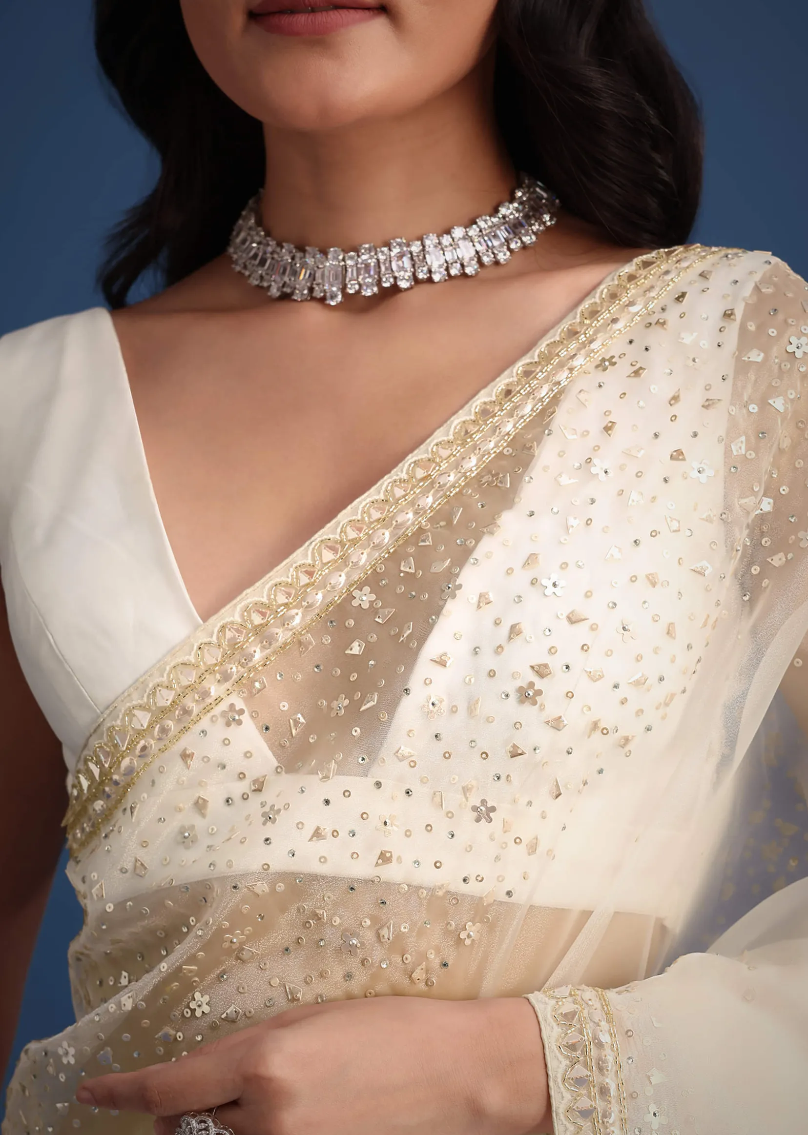 White Glass Tissue Saree With Sequin Embellishments