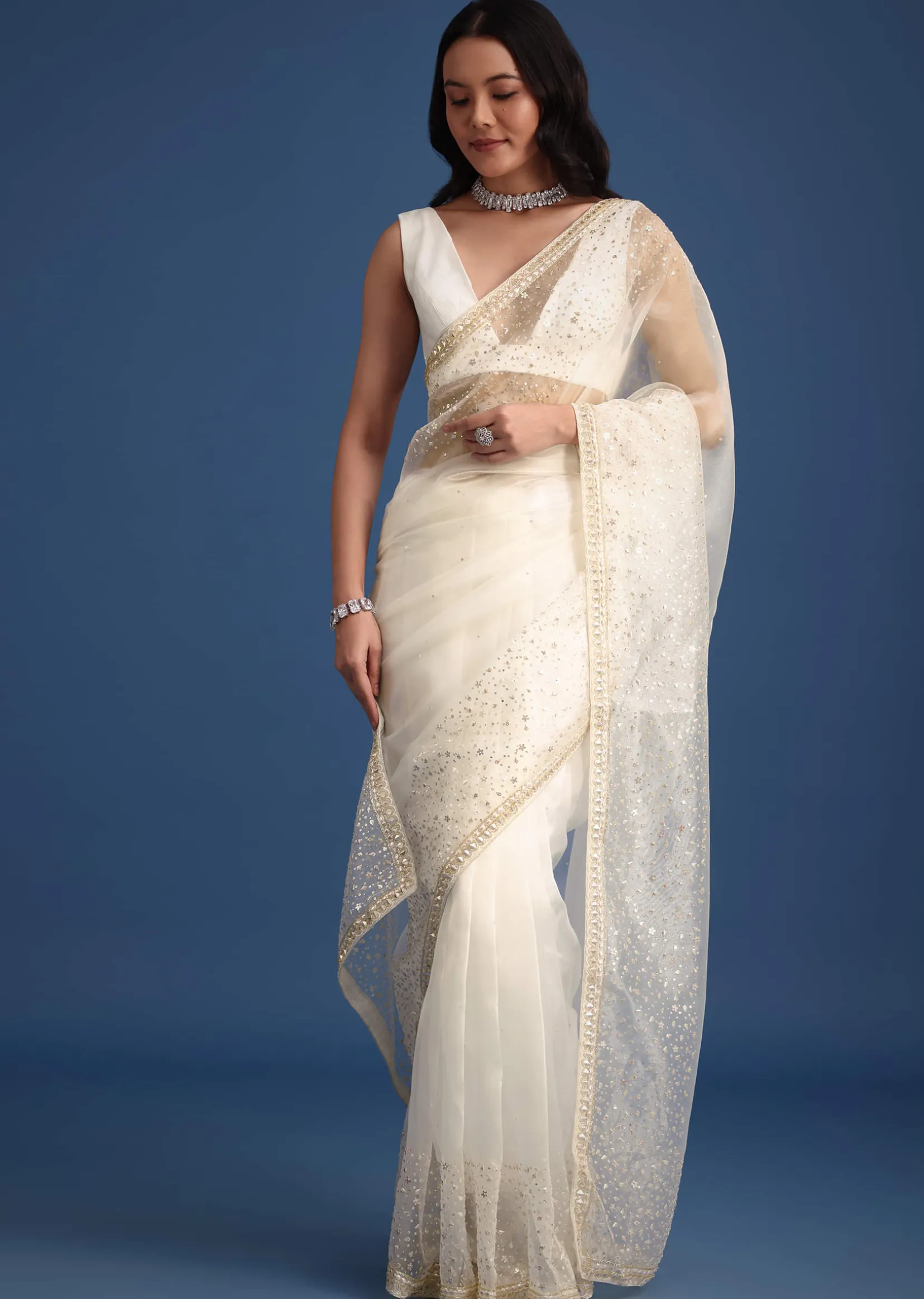 White Glass Tissue Saree With Sequin Embellishments