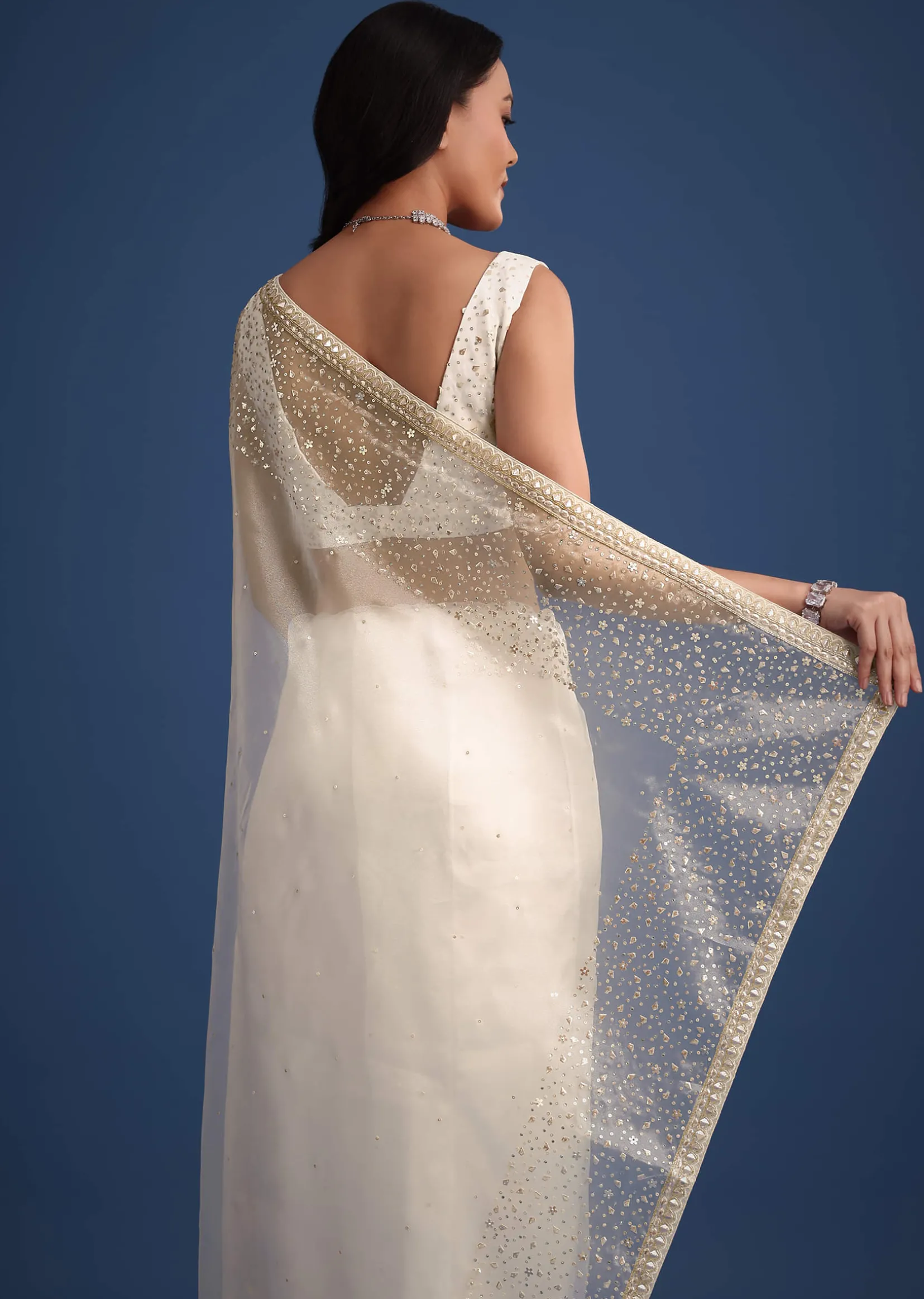 White Glass Tissue Saree With Sequin Embellishments