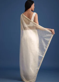 White Glass Tissue Saree With Sequin Embellishments