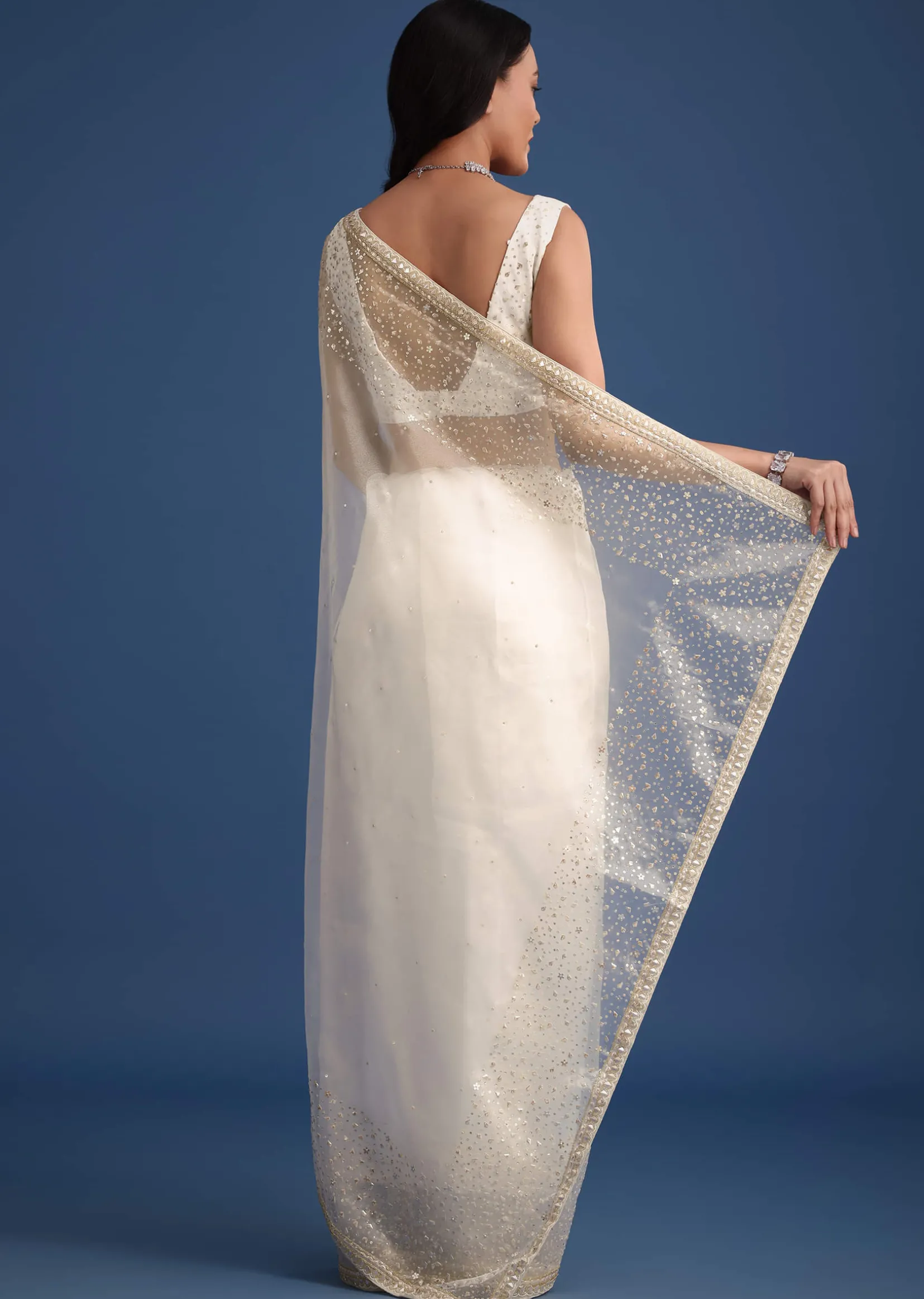 White Glass Tissue Saree With Sequin Embellishments