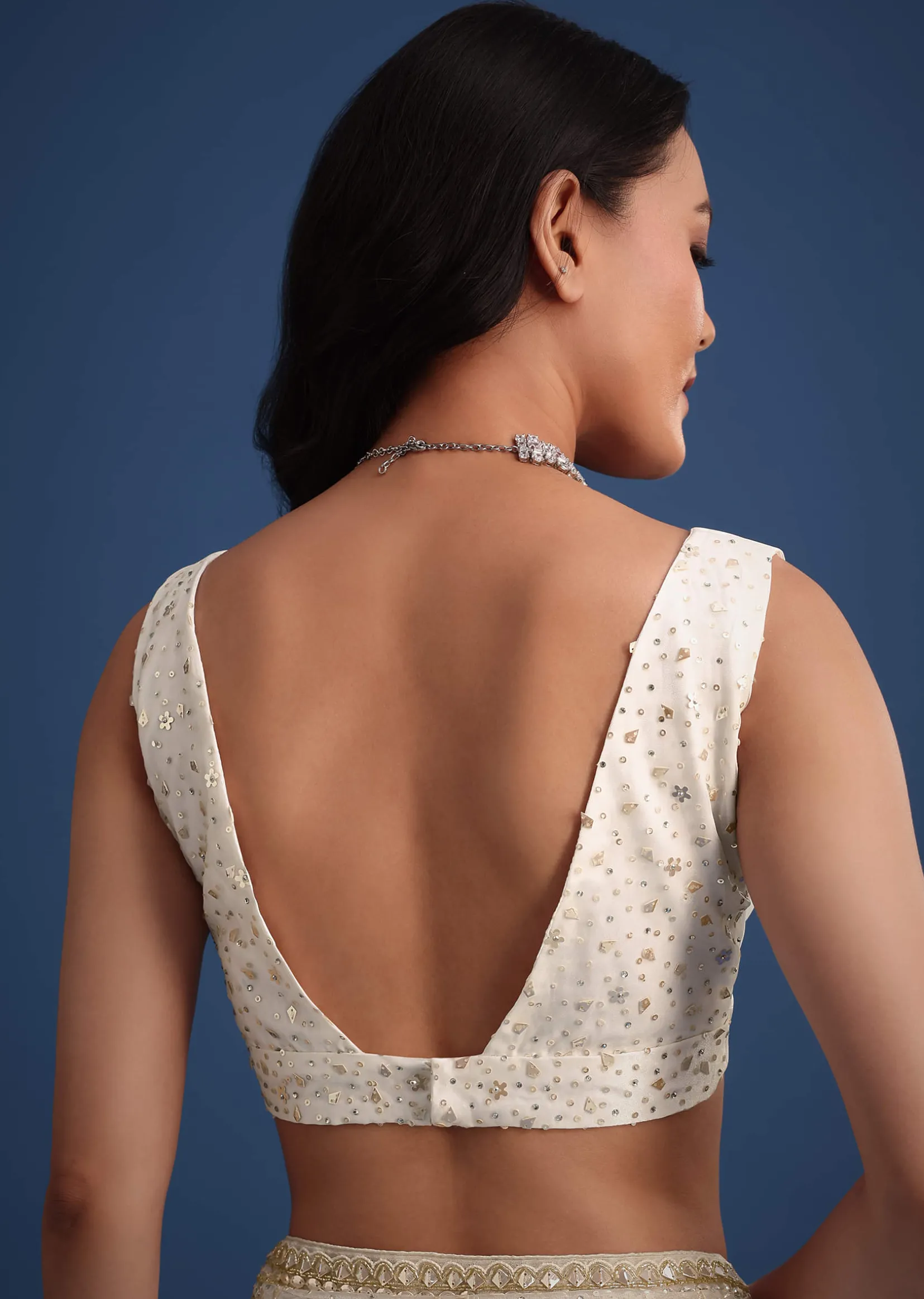 White Glass Tissue Saree With Sequin Embellishments