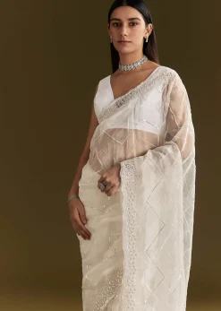 White Glass Tissue Saree With Sequins Embroidery And Scallop Border