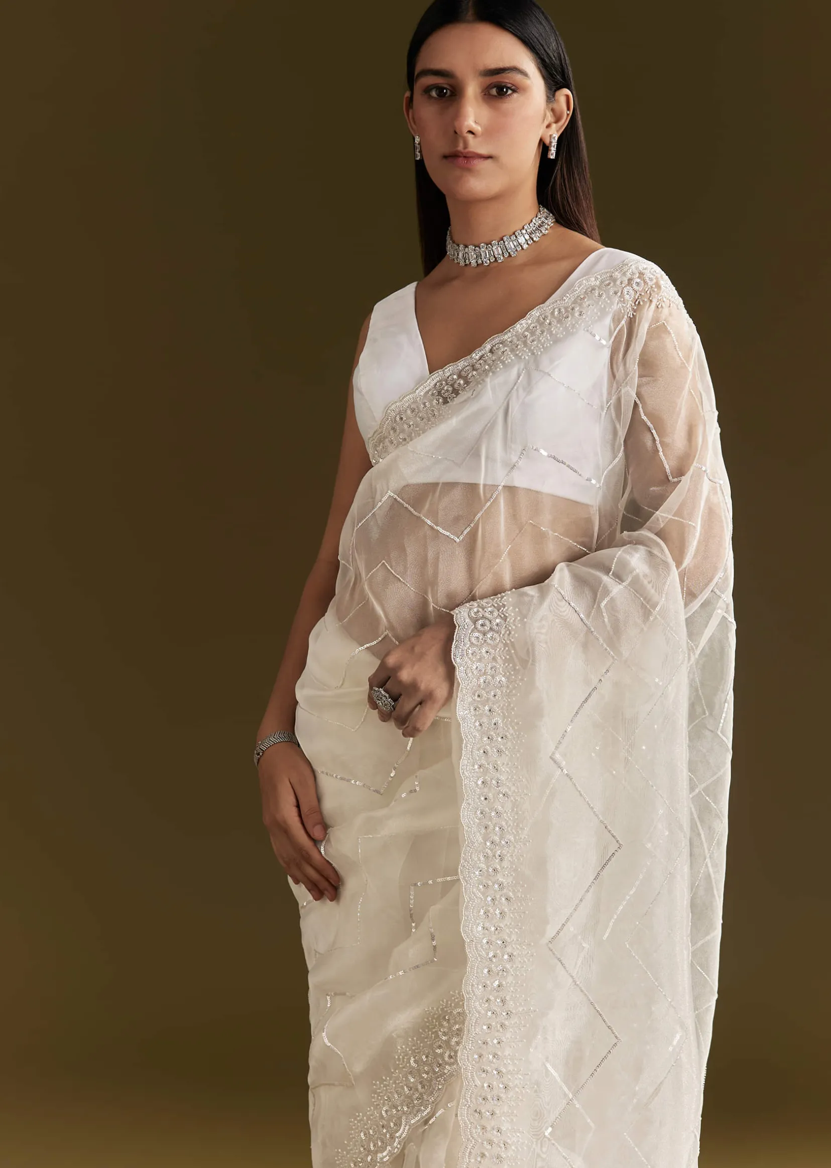 White Glass Tissue Saree With Sequins Embroidery And Scallop Border