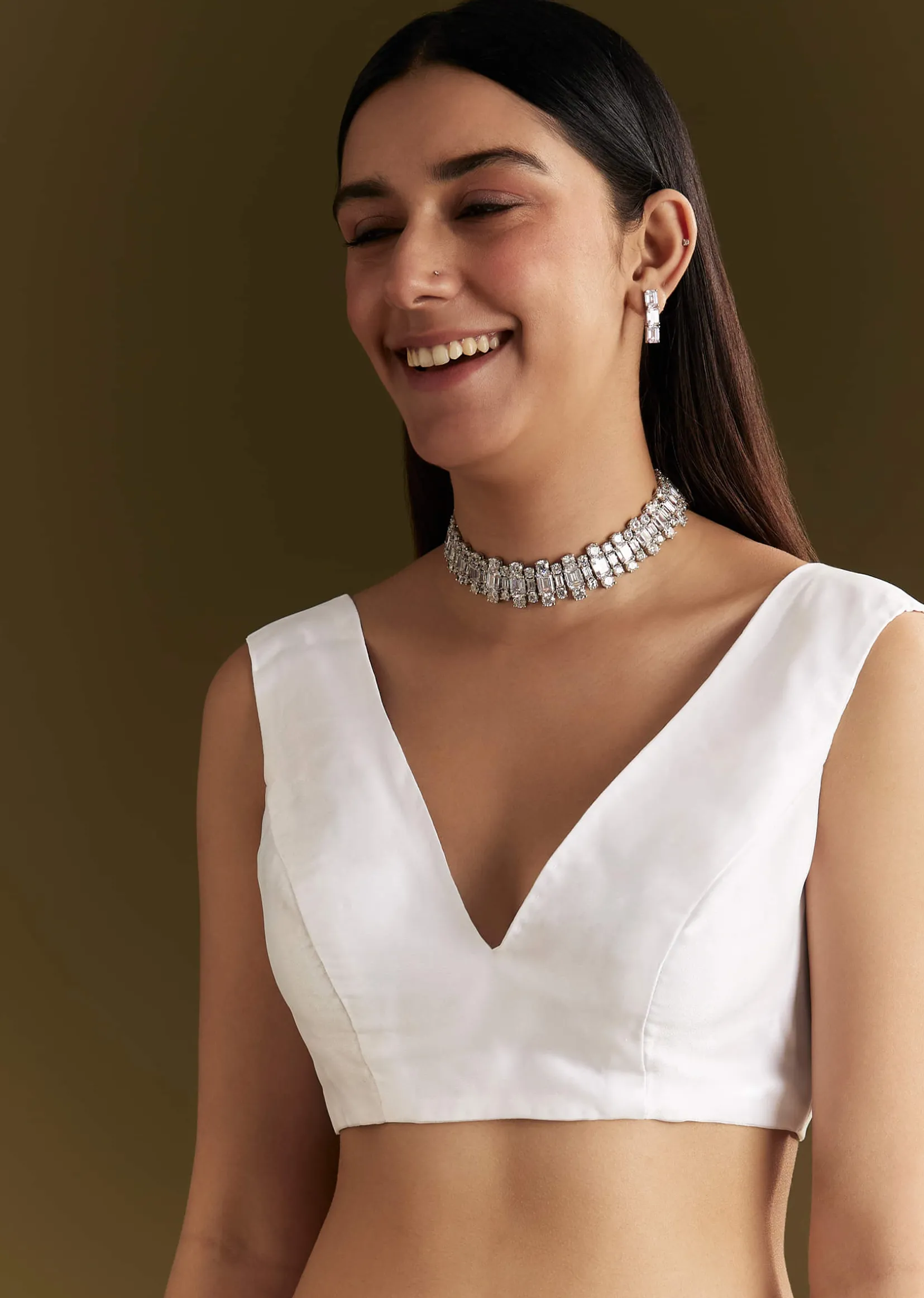 White Glass Tissue Saree With Sequins Embroidery And Scallop Border
