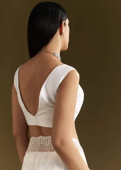 White Glass Tissue Saree With Sequins Embroidery And Scallop Border
