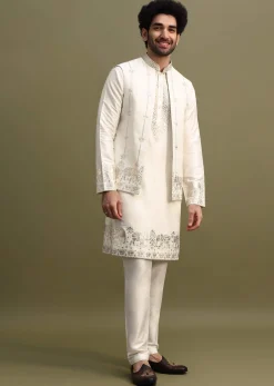White Gold Foil Apllique Work On Kurta Jacket Set