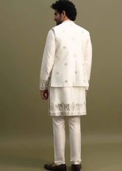 White Gold Foil Apllique Work On Kurta Jacket Set