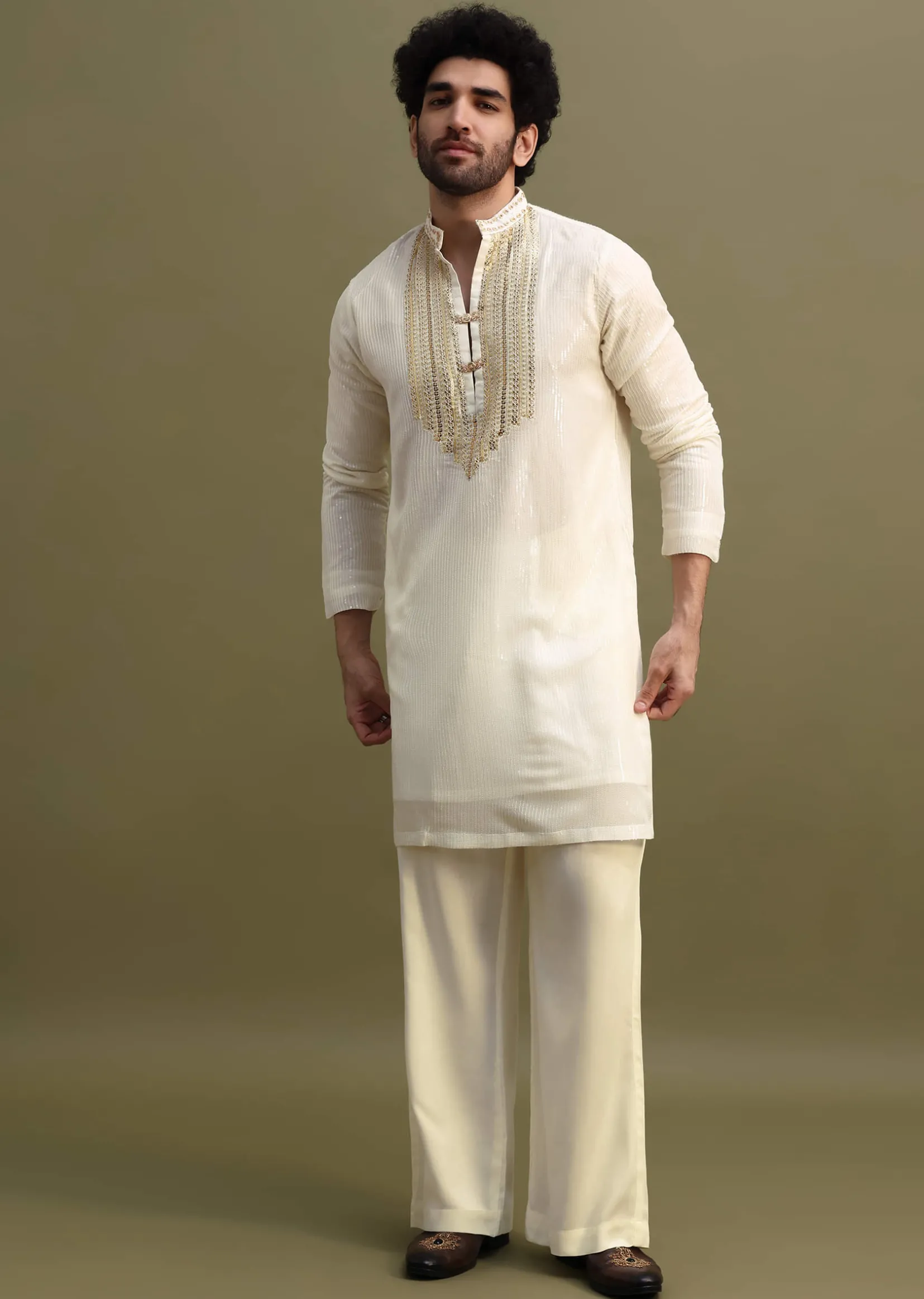 White Gold Sequin Kurta With Loose Fitted Pants