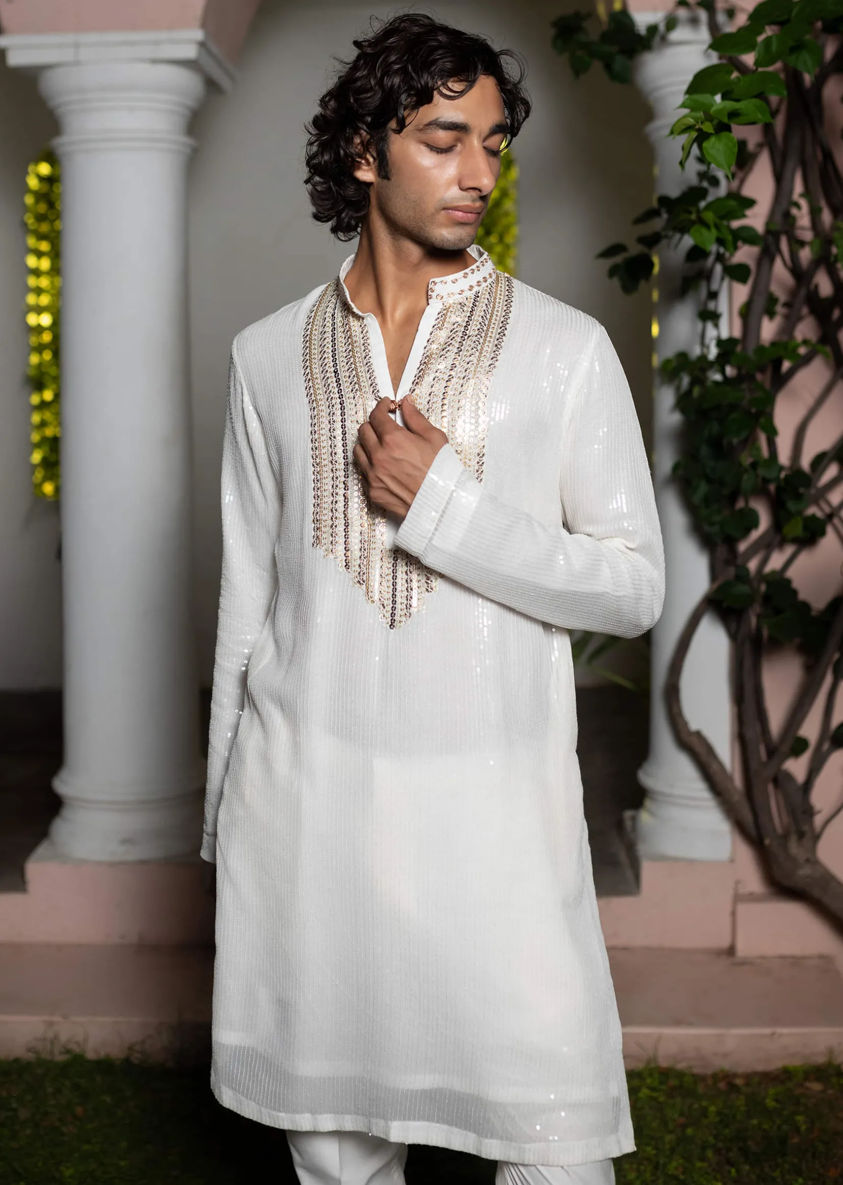 White Gold Sequin Kurta With Loose Fitted Pants