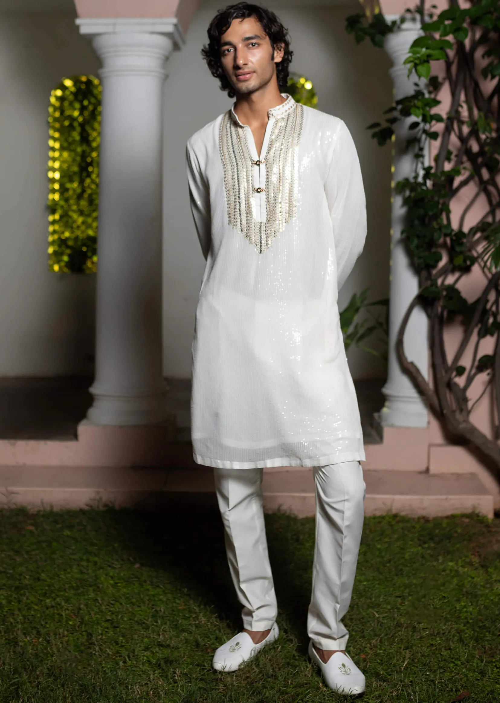 White Gold Sequin Kurta With Loose Fitted Pants
