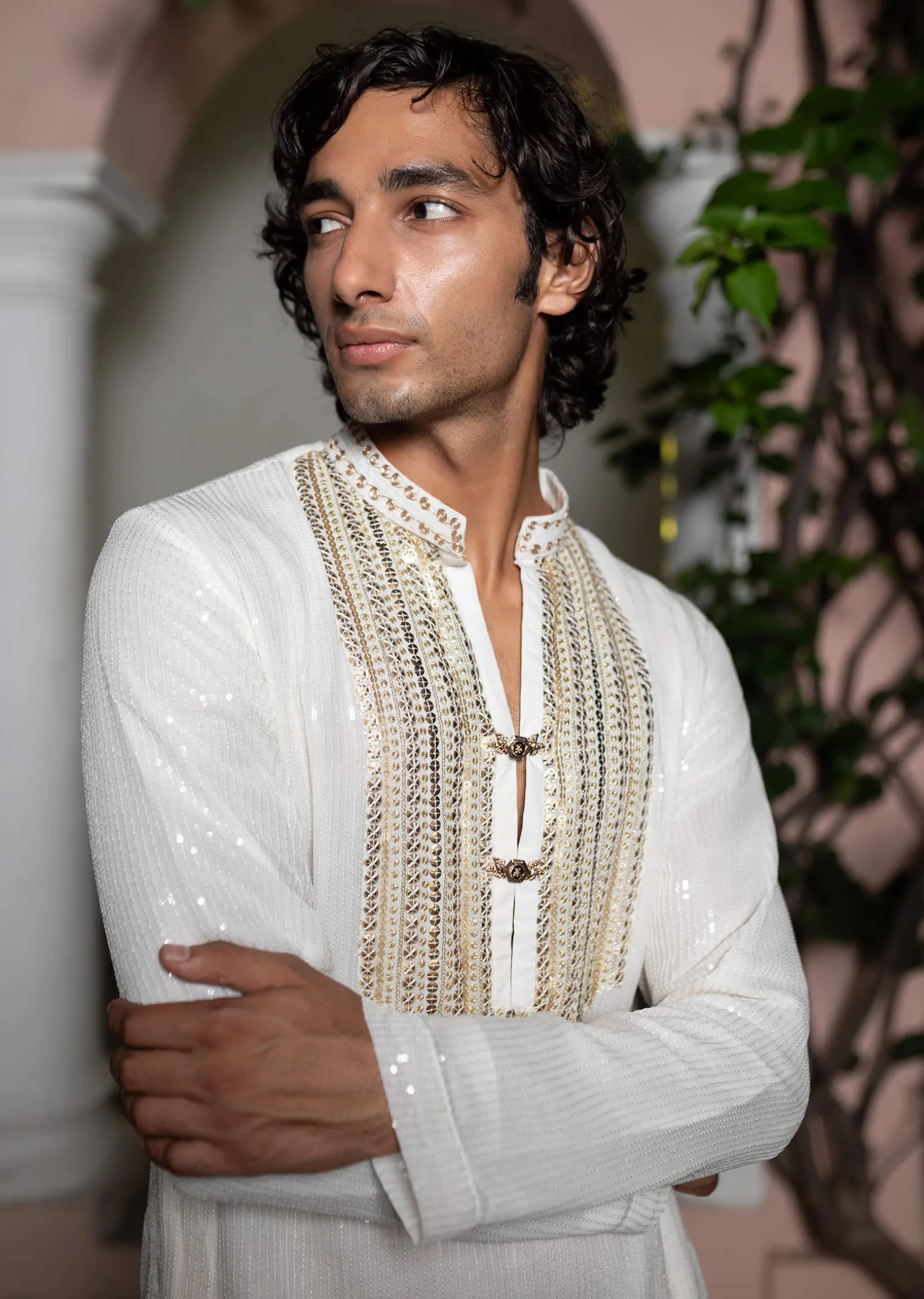 White Gold Sequin Kurta With Loose Fitted Pants