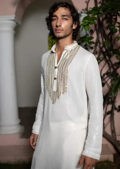 White Gold Sequin Kurta With Loose Fitted Pants