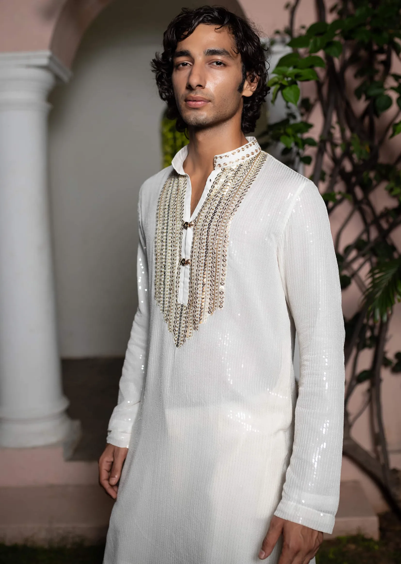 White Gold Sequin Kurta With Loose Fitted Pants