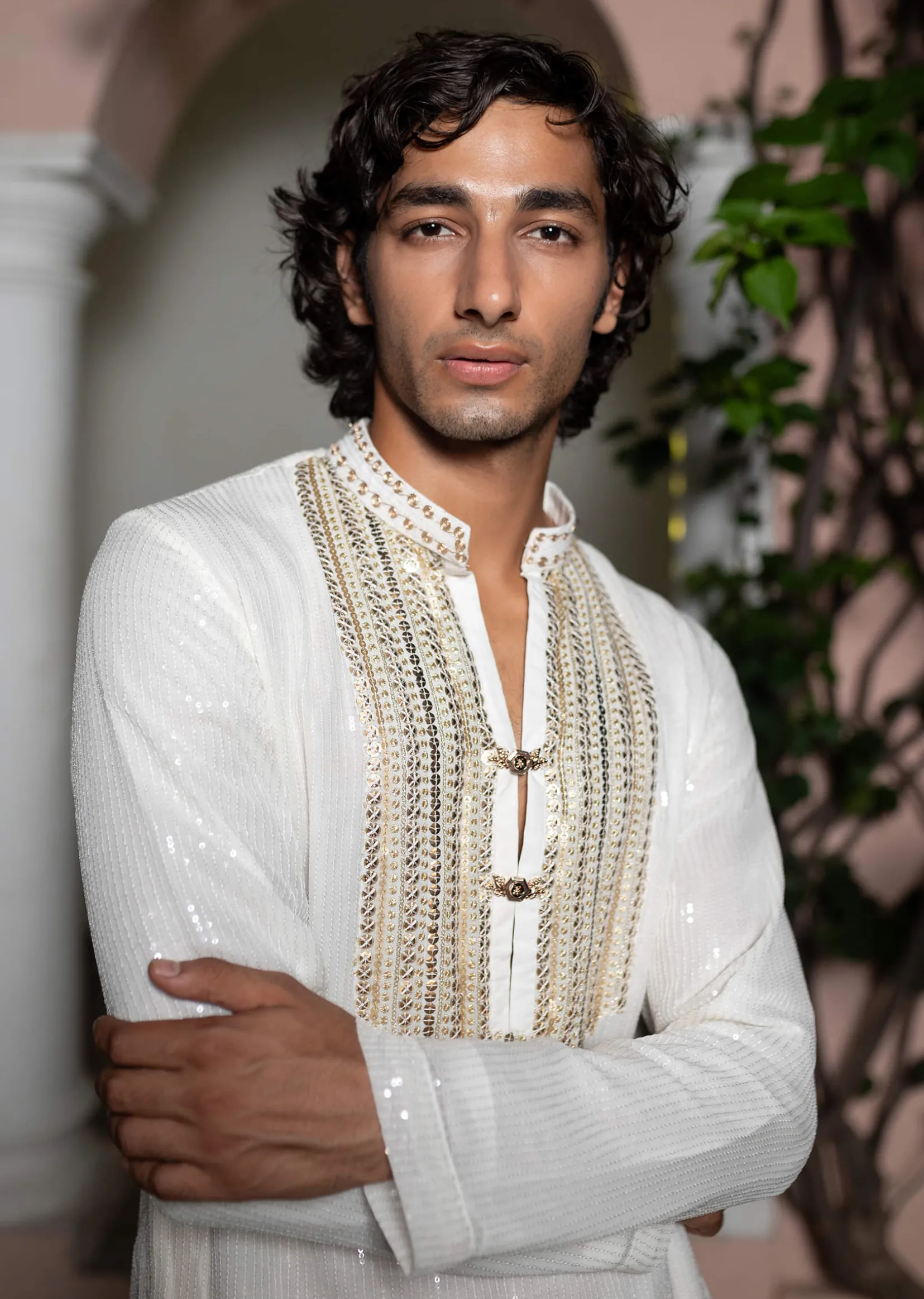 White Gold Sequin Kurta With Loose Fitted Pants