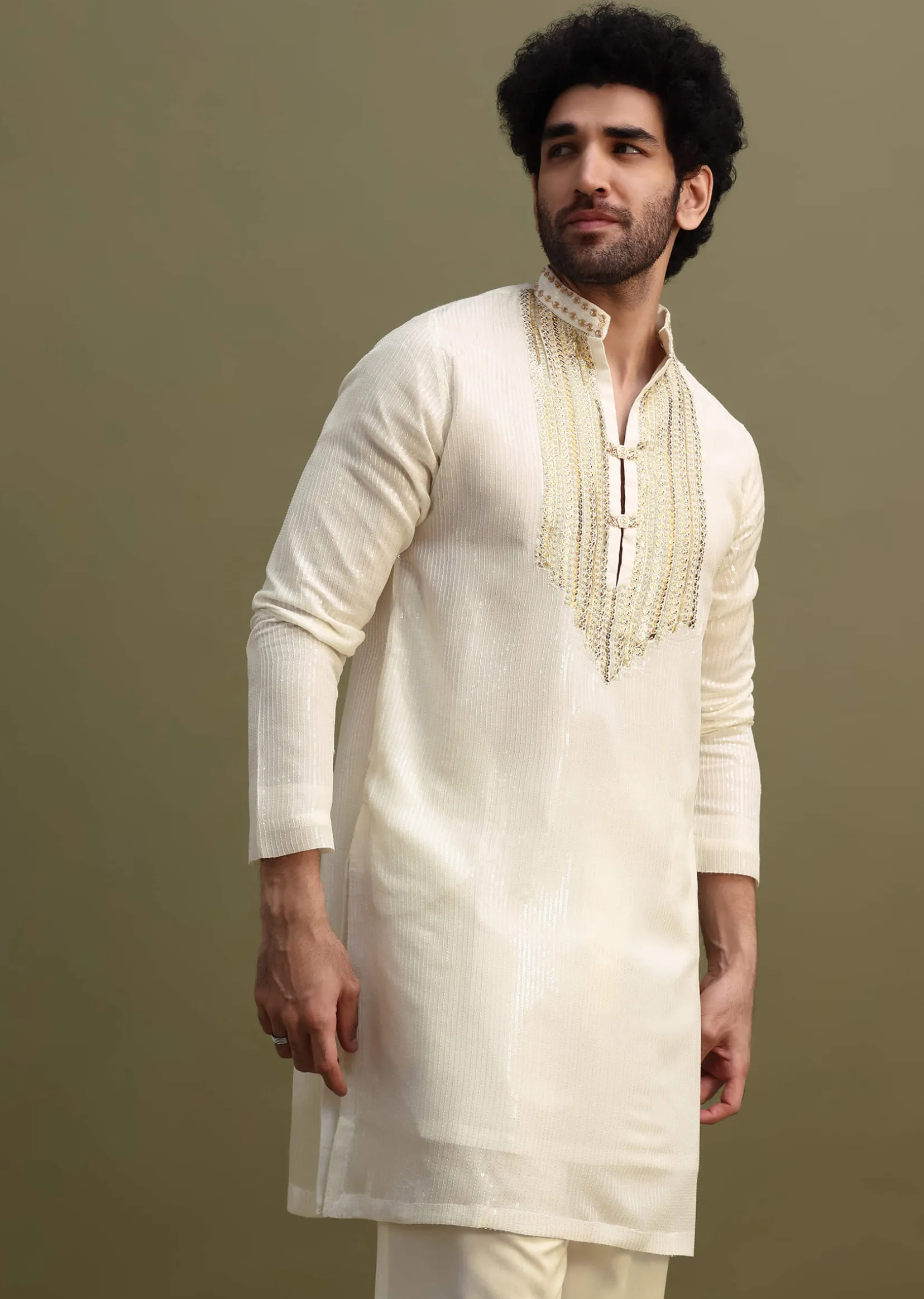 White Gold Sequin Kurta With Loose Fitted Pants