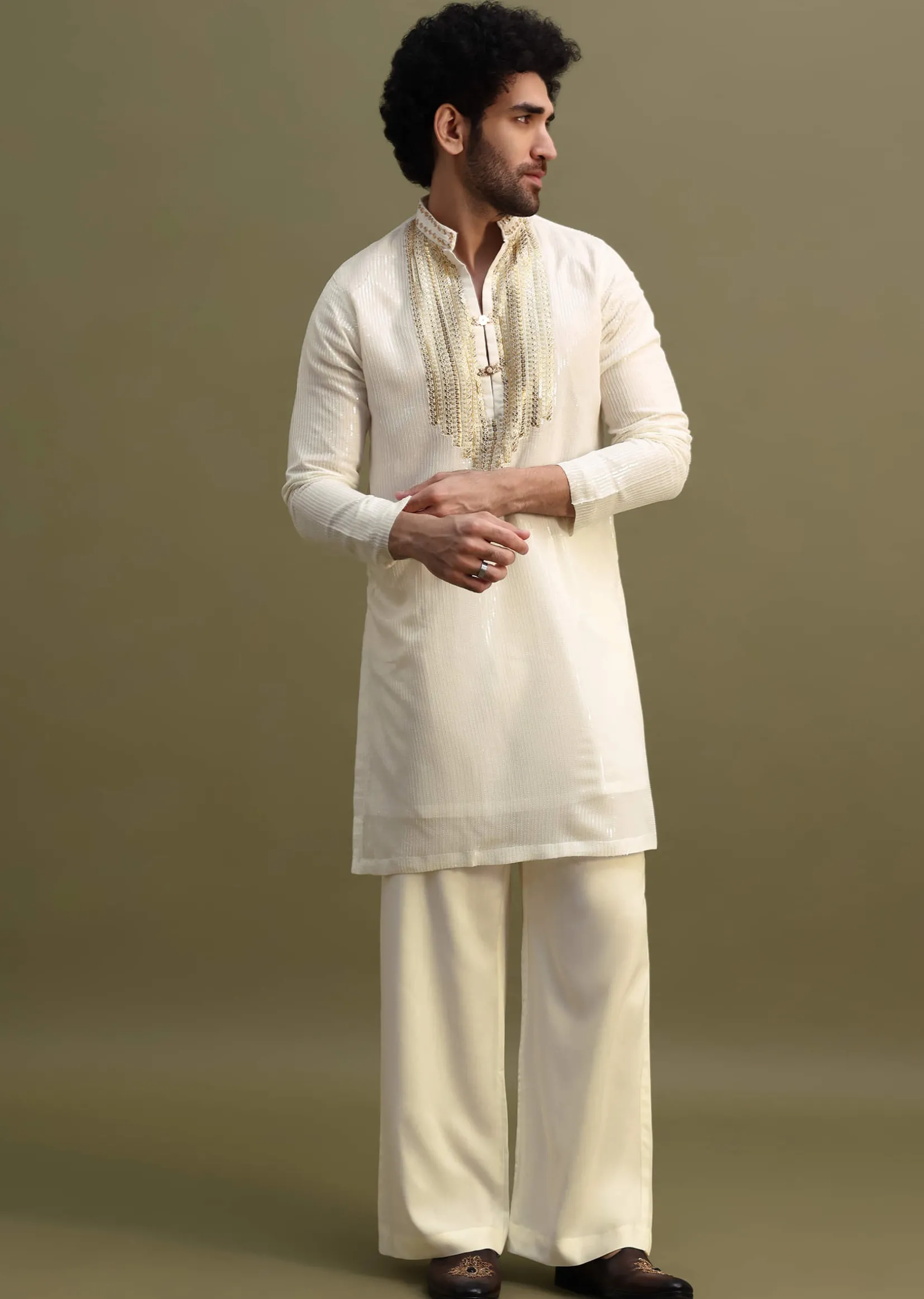 White Gold Sequin Kurta With Loose Fitted Pants
