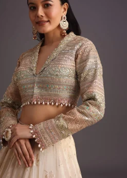 White Gotta Work Choli With Banarasi Weave Lehenga