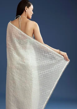 White Green Glass Tissue Sequin Embroidered Saree With Contrast Blouse