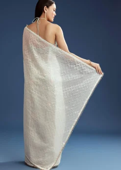 White Green Glass Tissue Sequin Embroidered Saree With Contrast Blouse