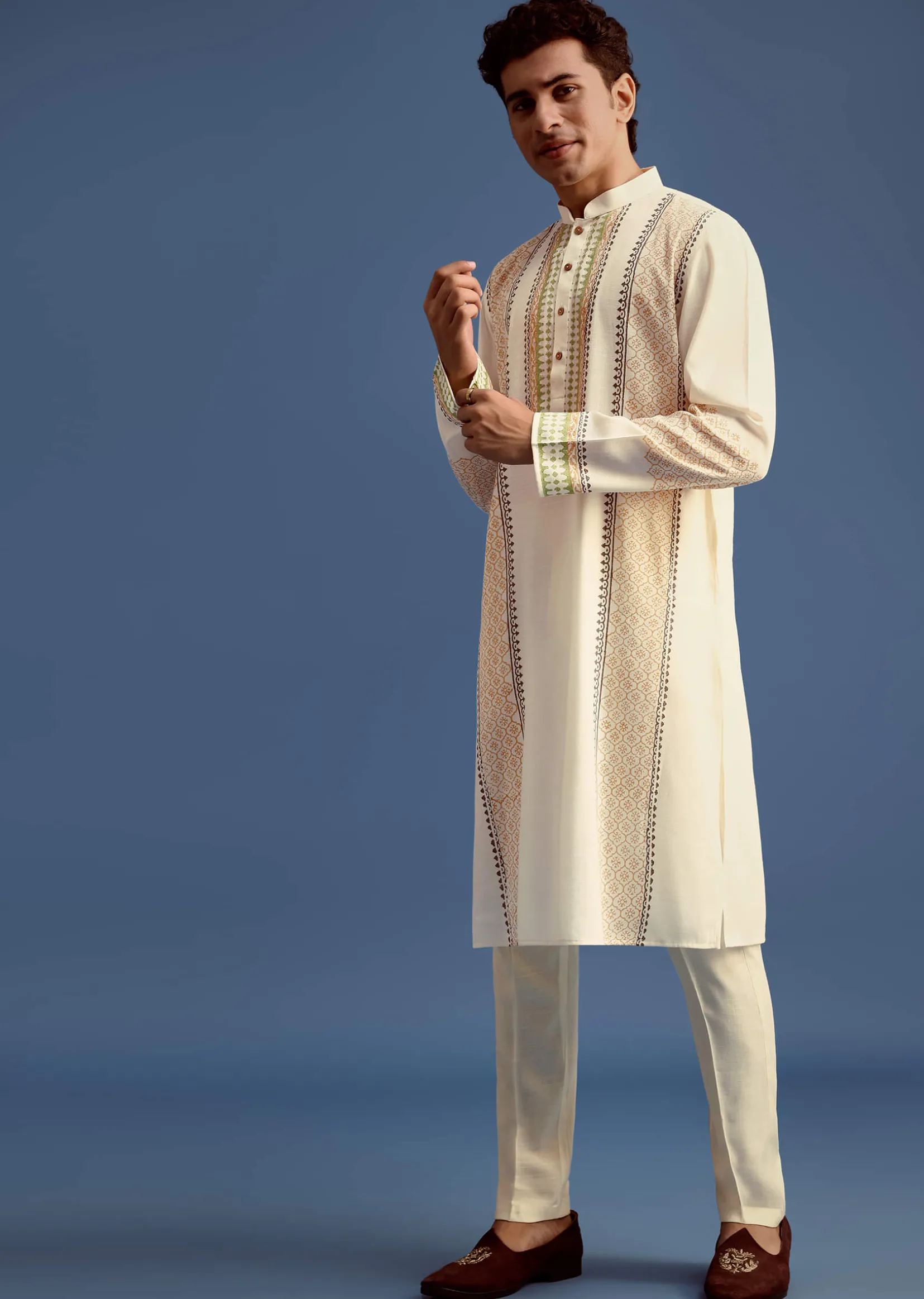 White Hand Block Printed Kurta Set With Zari Embroidery