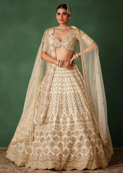White Hand Embroidered Lehenga Set In Raw Silk