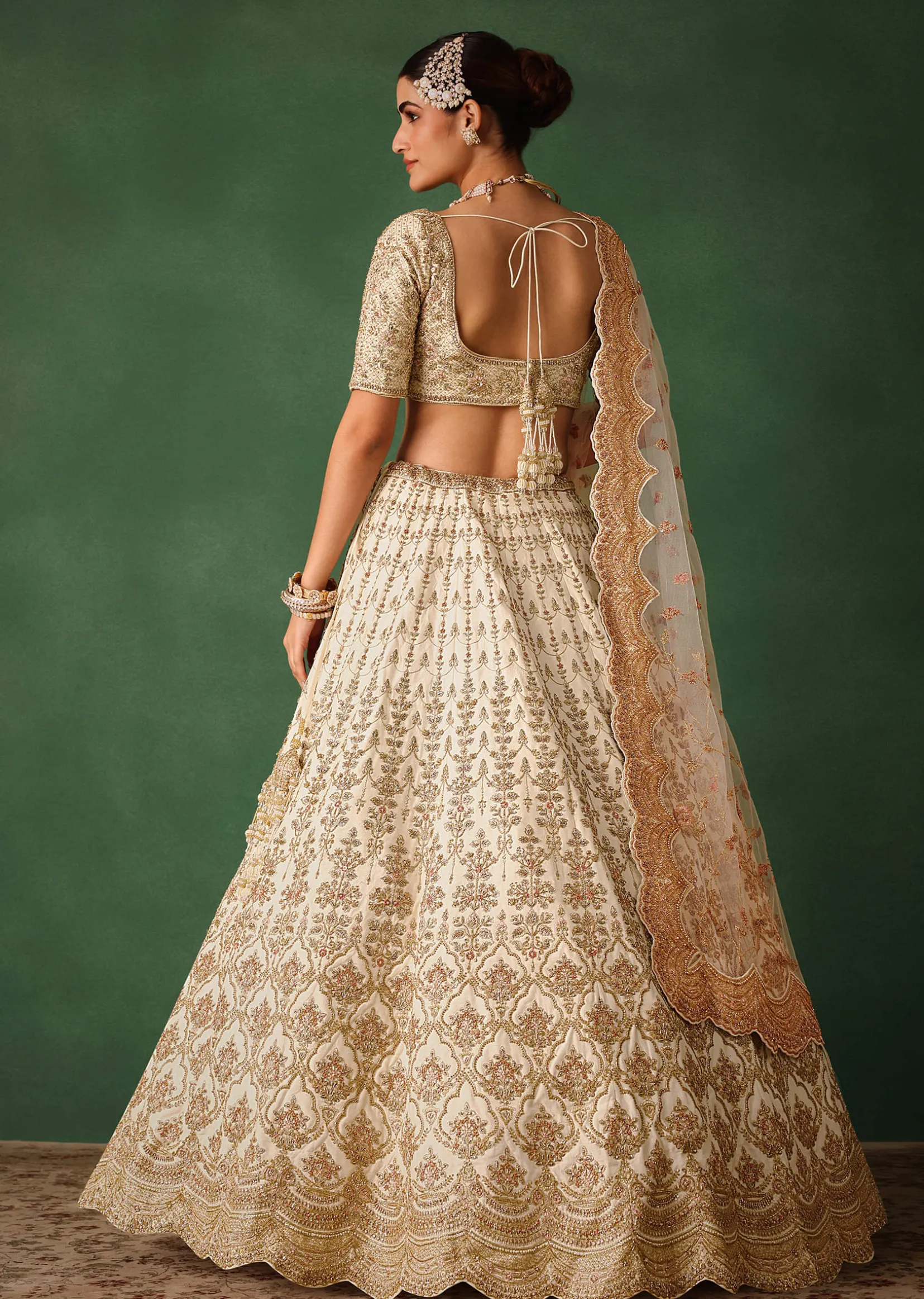 White Hand Embroidered Lehenga Set In Raw Silk