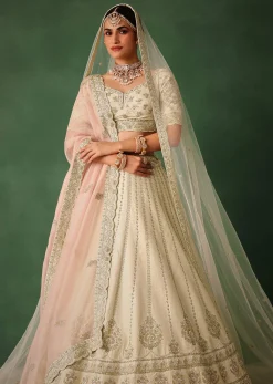 White Hand Embroidered Lehenga Set In Raw Silk With Dupatta