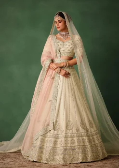 White Hand Embroidered Lehenga Set In Raw Silk With Dupatta