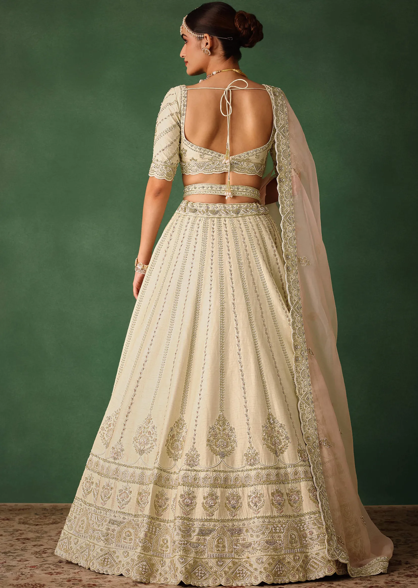 White Hand Embroidered Lehenga Set In Raw Silk With Dupatta