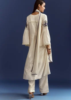 White High Low Kurta With Cut Dana Beads And Applique Work In Fuji Silk