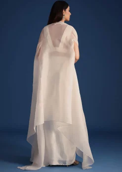 White Jacket With Embellished Blouse And Draped Skirt