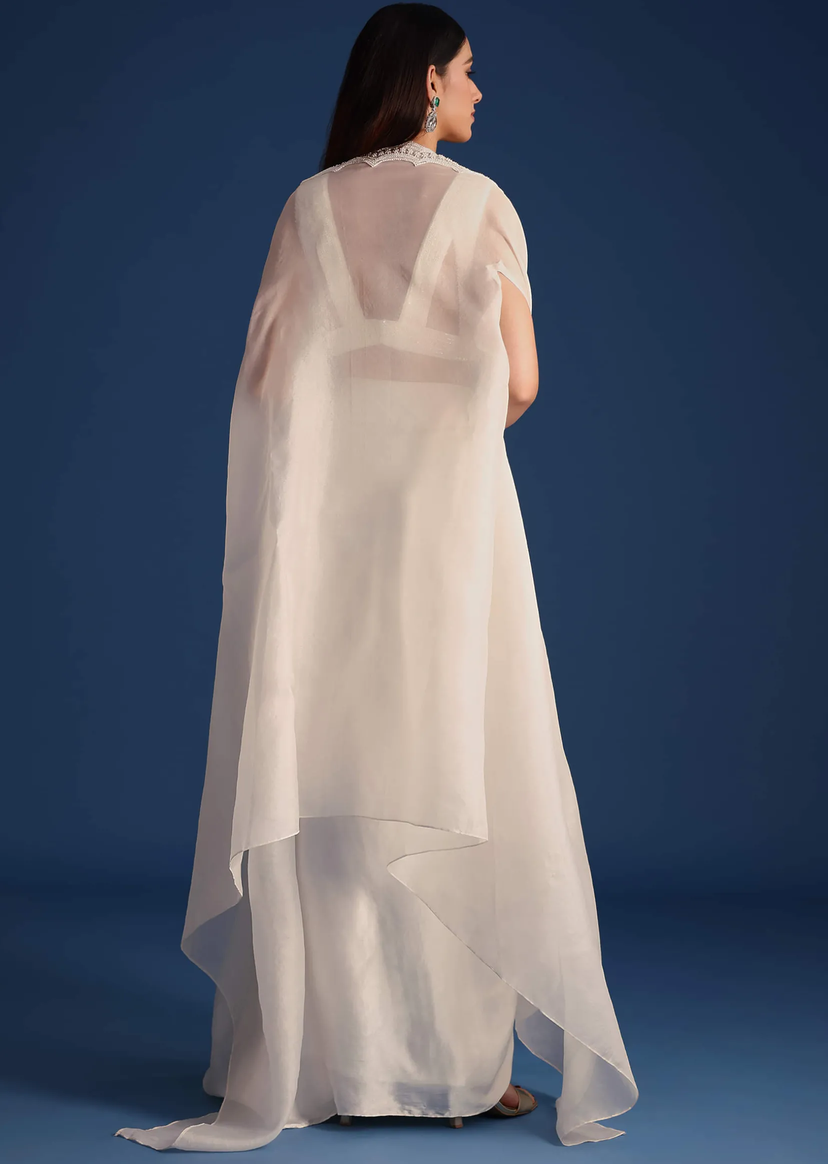 White Jacket With Embellished Blouse And Draped Skirt