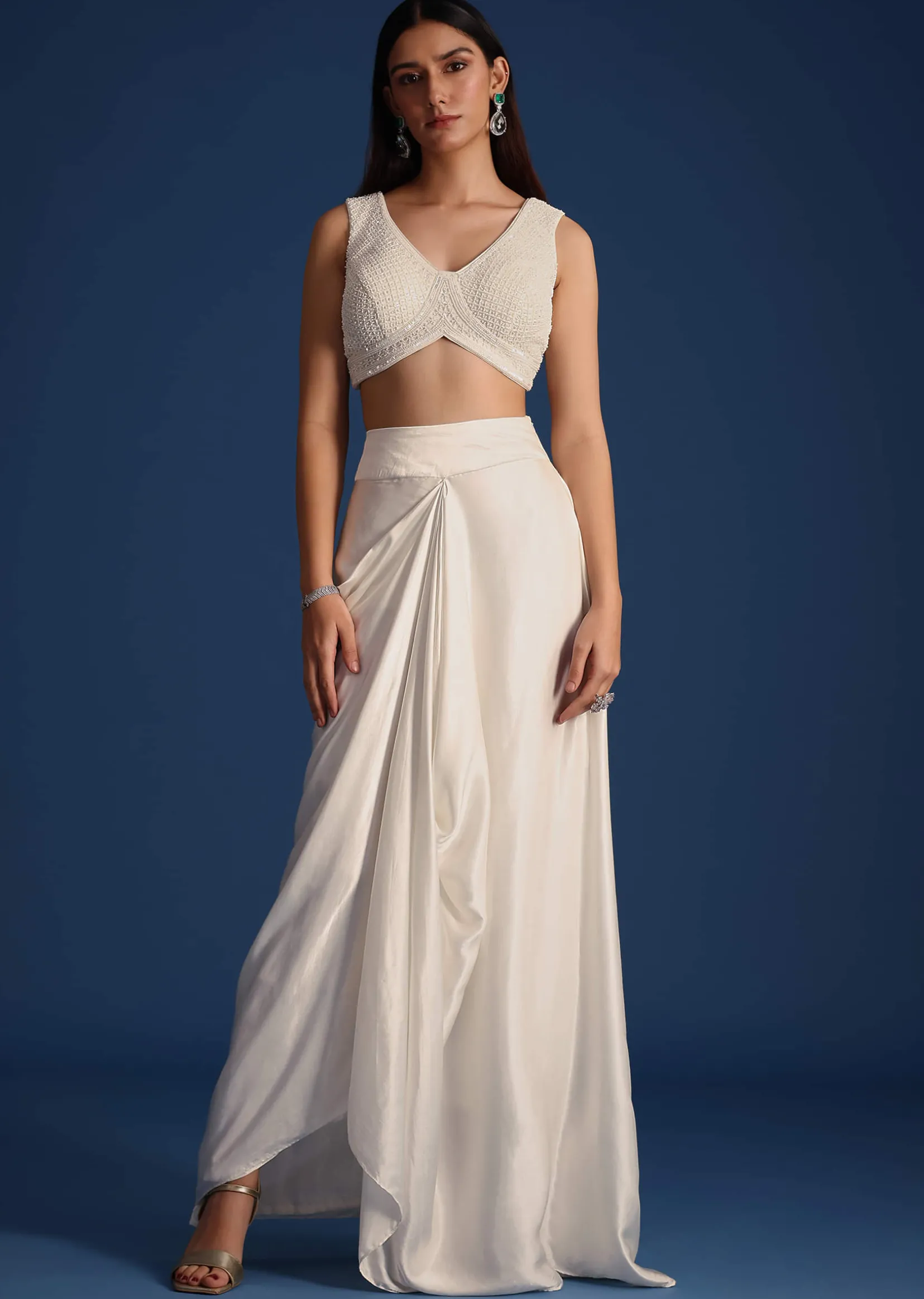 White Jacket With Embellished Blouse And Draped Skirt