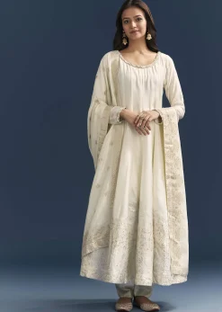 White Jacquard Anarkali Suit With Organza Dupatta