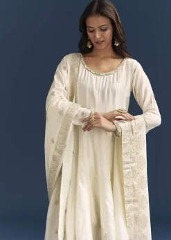 White Jacquard Anarkali Suit With Organza Dupatta